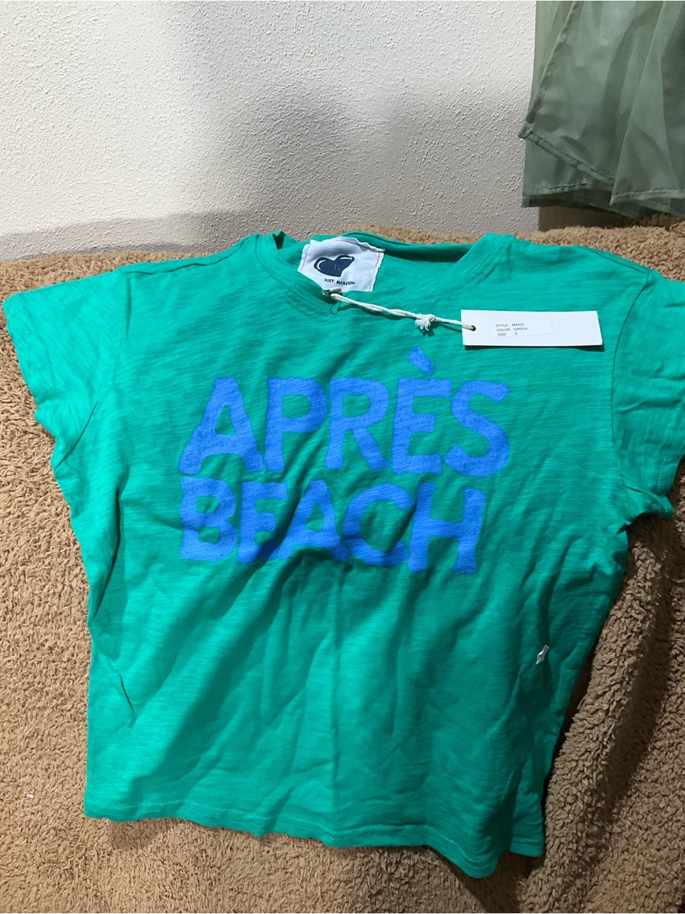 Madison Teal Green Short Sleeve Tee with Blue 'APRÈS BEACH' Graphic